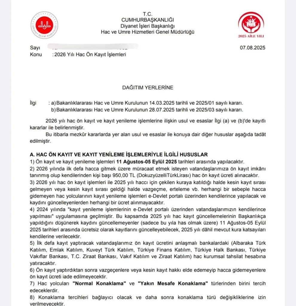 HAC ÖN KAYIT VE YENİLEME TAKVİMİ BELLİ OLDU! 2026 yılı hac ön kayıt ve kayıt yenileme işlemleri 11 Ağustos-05 Eylül 2025 tarihleri arasında yapılacaktır. 7/24 Danışabilirsiniz; 0542 378 2419
